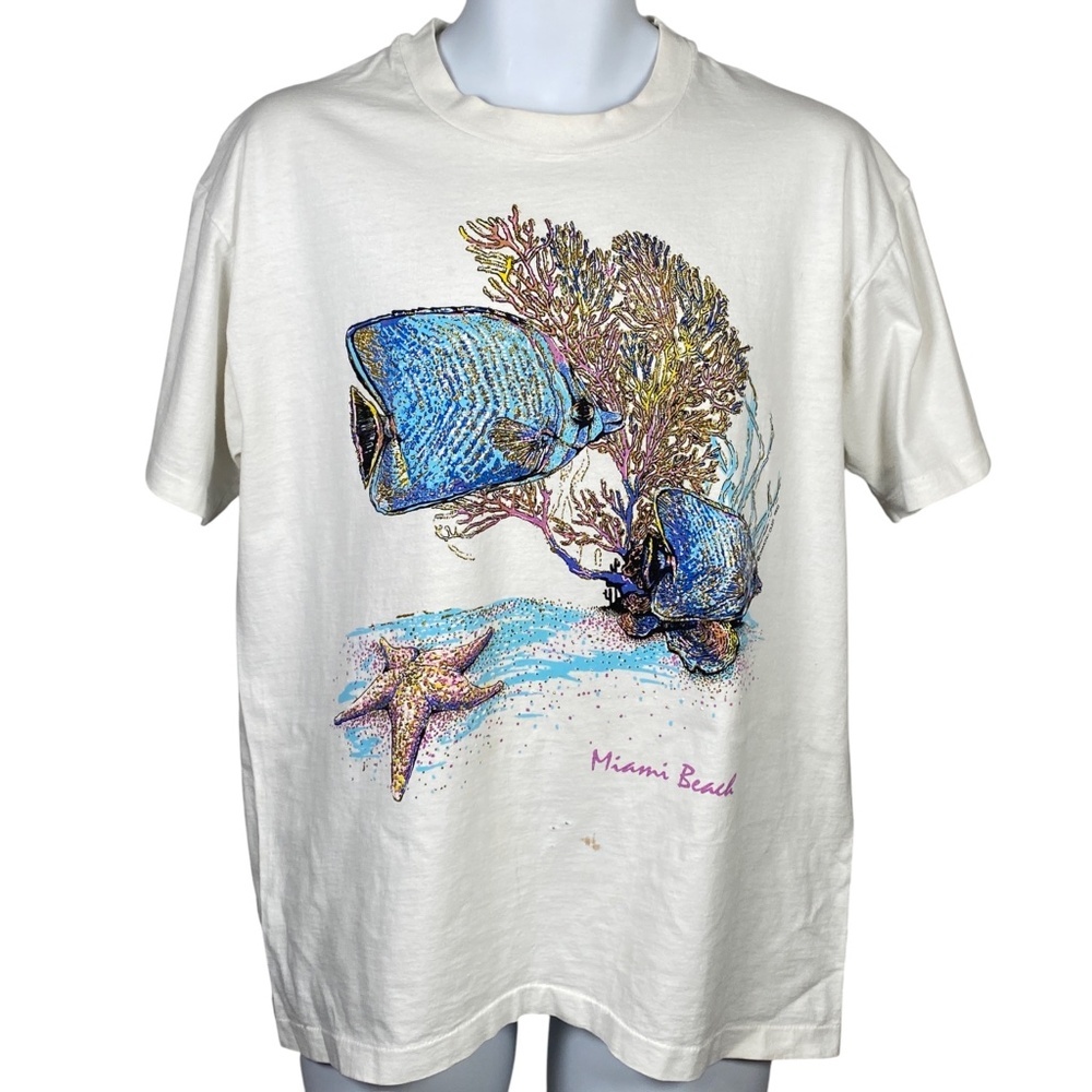 Vintage 1993 Miami Beach T Shirt Size L Glitter Fish Single Stitch Made in USA